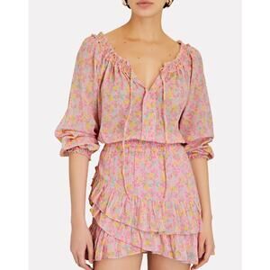 LoveShackFancy Rayna Mini Dress Floral Ruffle Long Sleeve Popover Tiered Pink
